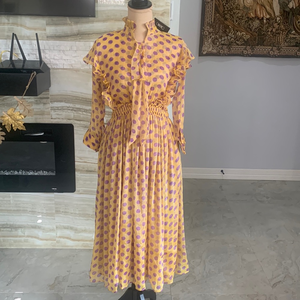 SIX Polka‎ Dot Ruffle Collar Long Sleeve Dress. Size 38. NWT